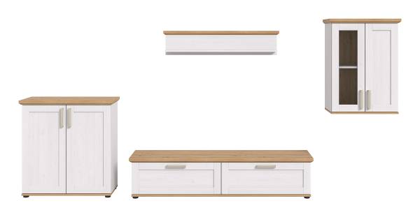 Wandmeubelset Damflos 4dlg 1 hangvitrine witte pijnboomhouten look/Artisan eikenhouten look