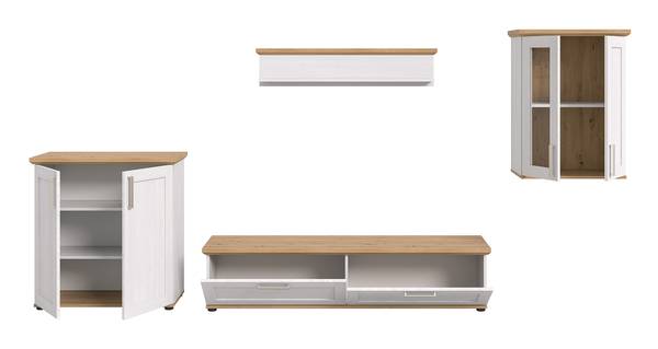 Wandmeubelset Damflos 4dlg 1 hangvitrine witte pijnboomhouten look/Artisan eikenhouten look