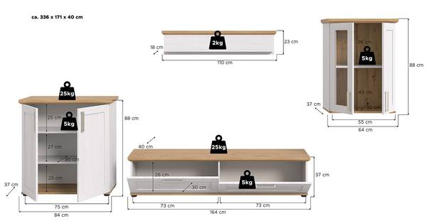 Wandmeubelset Damflos 4dlg 1 hangvitrine witte pijnboomhouten look/Artisan eikenhouten look