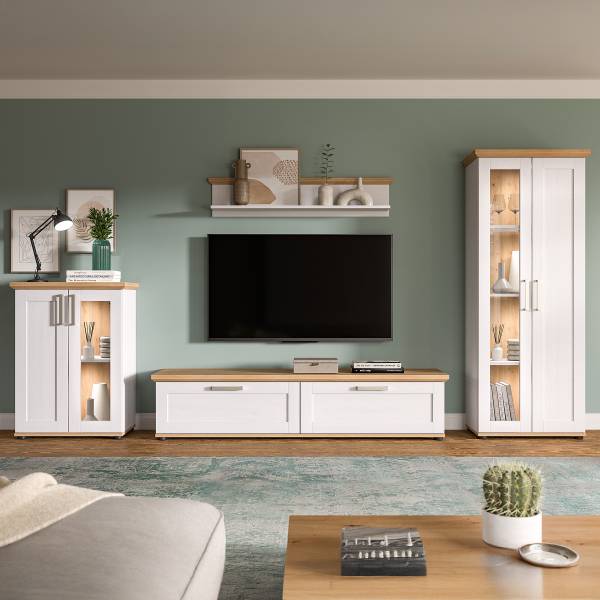 Ens. meubles TV Damflos - 4 él. Commode Imitation pin blanc / Imitation chêne artisan