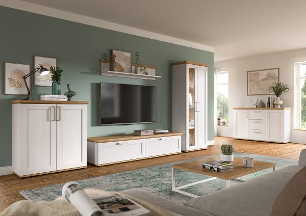 Ens. meubles TV Damflos - 4 él. Commode Imitation pin blanc / Imitation chêne artisan