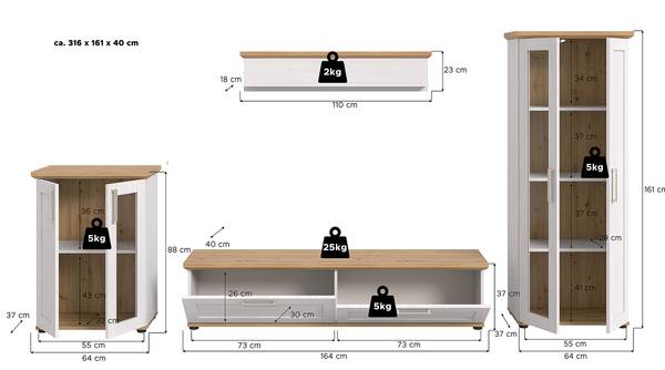 Ens. meubles TV Damflos - 4 él. Commode Imitation pin blanc / Imitation chêne artisan