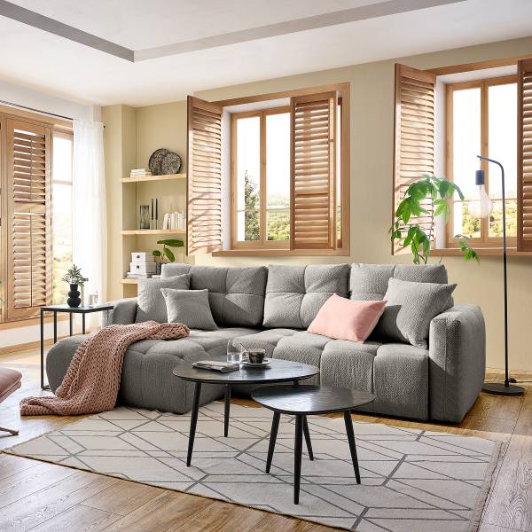 Ecksofa GARMA mit Schlaffunktion Chenille Relana: Hellgrau - Longchair davorstehend links