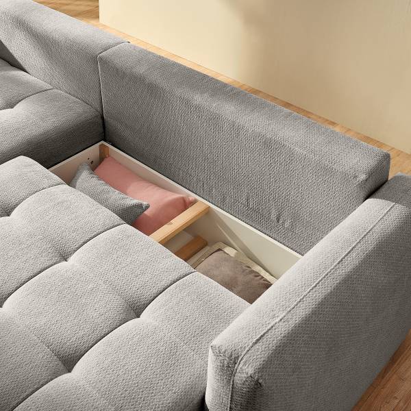 Ecksofa GARMA mit Schlaffunktion Chenille Relana: Hellgrau - Longchair davorstehend links