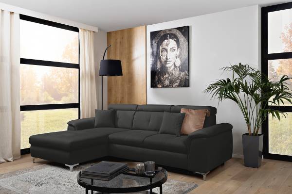 Divano letto angolare Poleos Tessuto Opala: antracite - Funzione letto preimpostata a destra