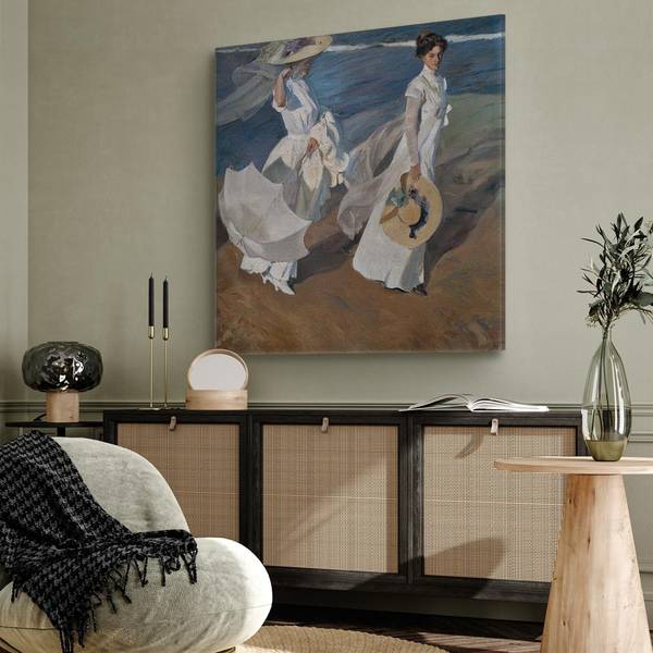 Leinwandbild Strolling along Seashore Joaquín Sorolla y Bastida - 80 x 80 cm