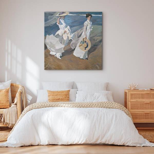 Leinwandbild Strolling along Seashore Joaquín Sorolla y Bastida - 80 x 80 cm