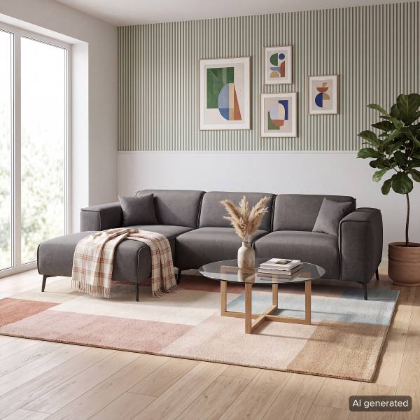 Ecksofa SKELBA mit Longchair Flachgewebe Nea: Anthrazit - Longchair davorstehend links