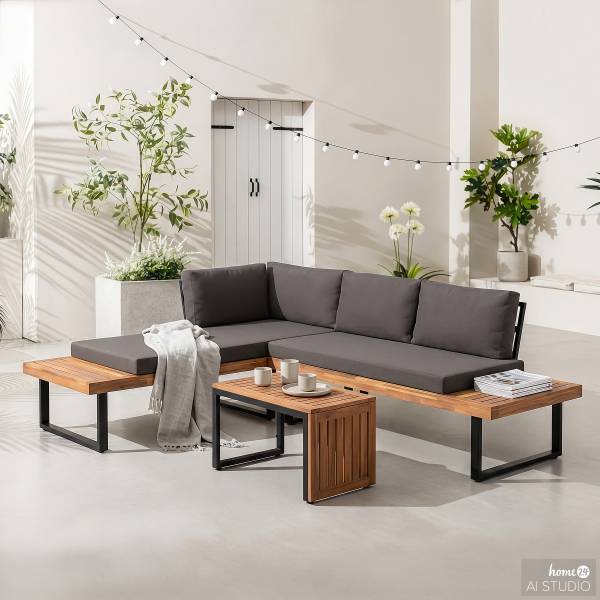 Loungeset Sorina 3-teilig Akazie massiv / Webstoff - Grau