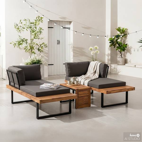 Loungeset Sorina 3-teilig Akazie massiv / Webstoff - Grau