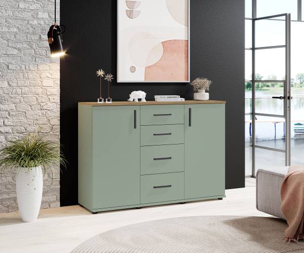 Kommode Mashia 120 cm mit 2 Türen Salbei / Eiche Mauvella Dekor