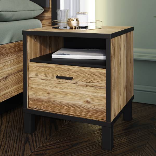 Table de chevet Vallegrande Noir / Imitation chêne marron