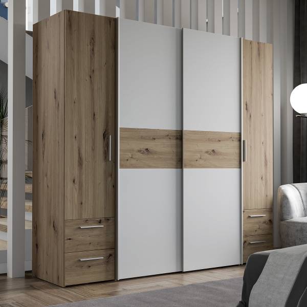 Armadio ad ante scorrevoli Lucan Bianco / Effetto rovere Artisan