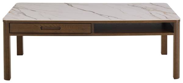 Tavolino da salotto rettangolare Midani Ceramica / Impiallacciato in vero legno - Effetto marmo bianco / Rovere scuro