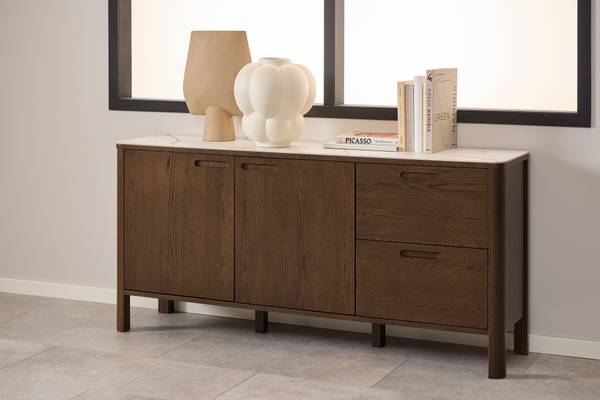 Madia Midani Ceramica / Impiallacciato in vero legno - Effetto marmo bianco / Rovere scuro