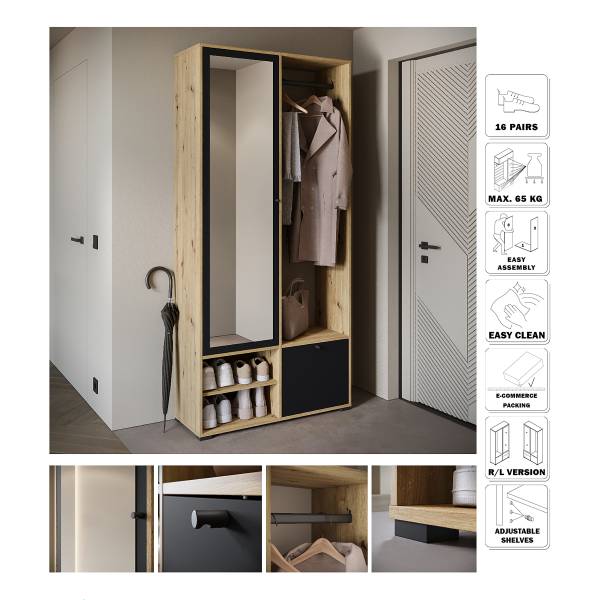 Kompaktgarderobe Tortal Eiche Artisan Dekor / Schwarz