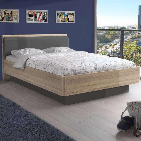 Bettgestell Kadori Kunstleder - Matt Grau / Eiche Sonoma Dekor