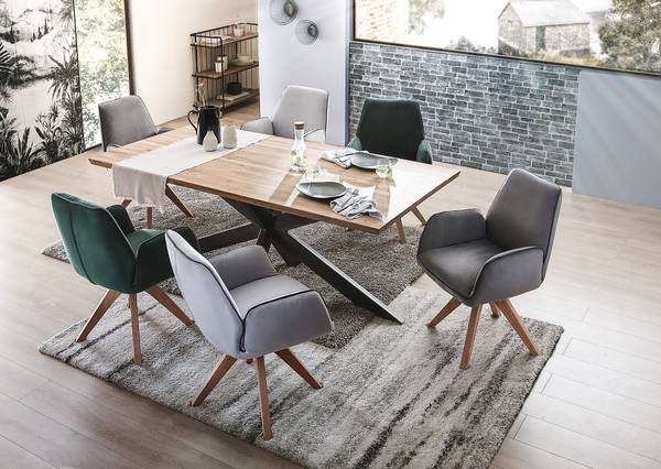 Esstisch BUSARA mit Massivholzplatte Eiche massiv / Stahl