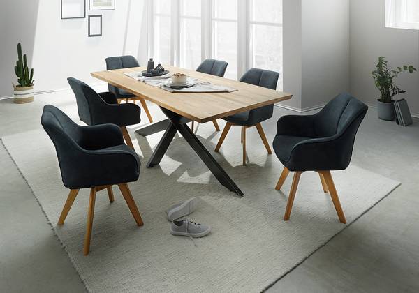 Esstisch BUSARA mit Massivholzplatte Eiche massiv / Stahl