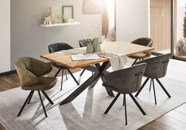 Esstisch BUSARA mit Massivholzplatte Eiche massiv / Stahl