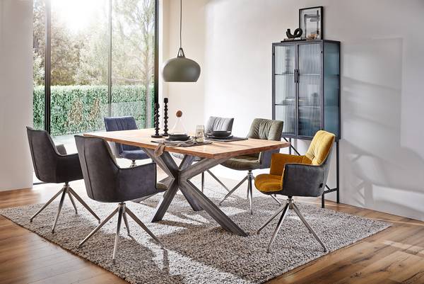 Esstisch BUSARA mit Massivholzplatte Eiche massiv / Stahl