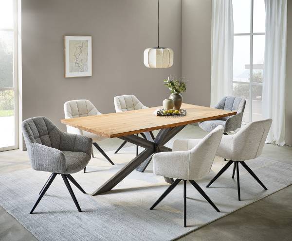 Esstisch BUSARA mit Massivholzplatte Eiche massiv / Stahl