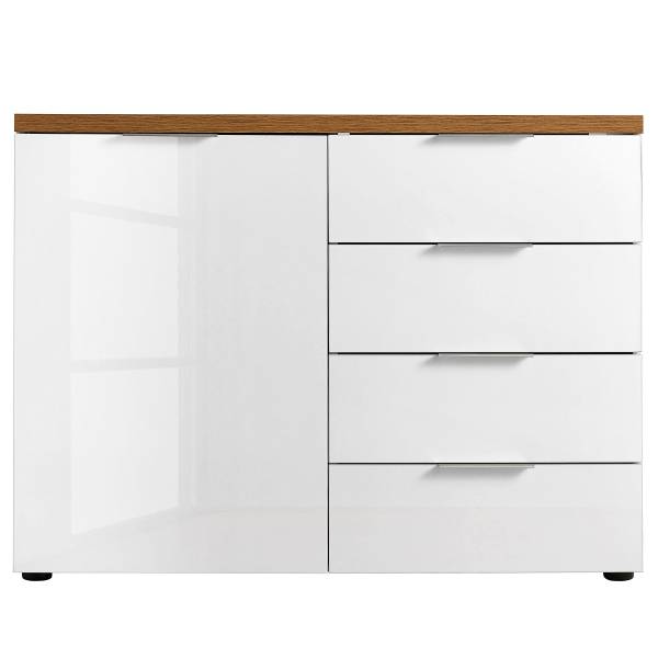Kommode Tiroua mit 1 Tür Hochglanz Weiß / Eiche Dekor