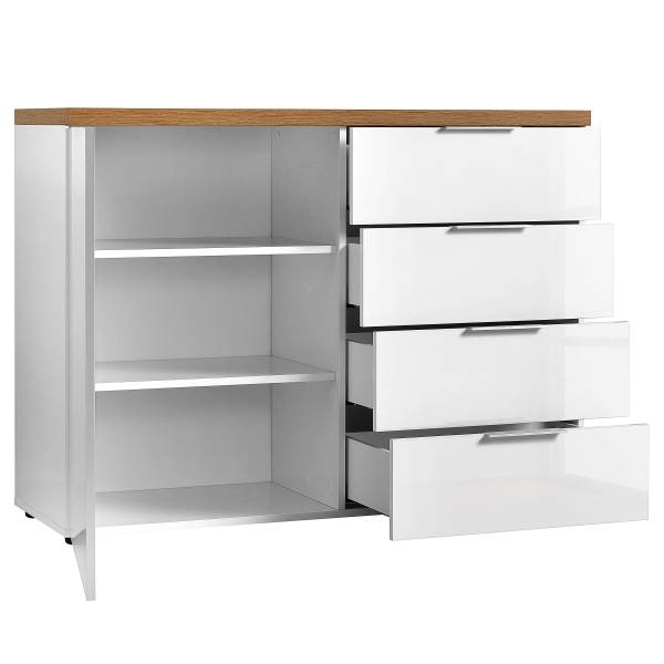 Kommode Tiroua mit 1 Tür Hochglanz Weiß / Eiche Dekor