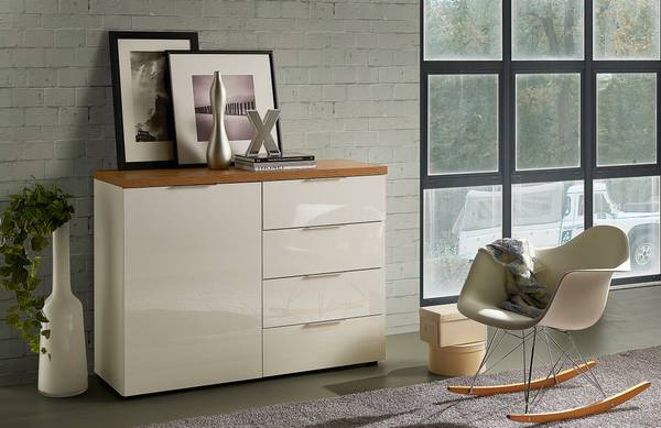 Kommode Tiroua mit 1 Tür Hochglanz Weiß / Eiche Dekor