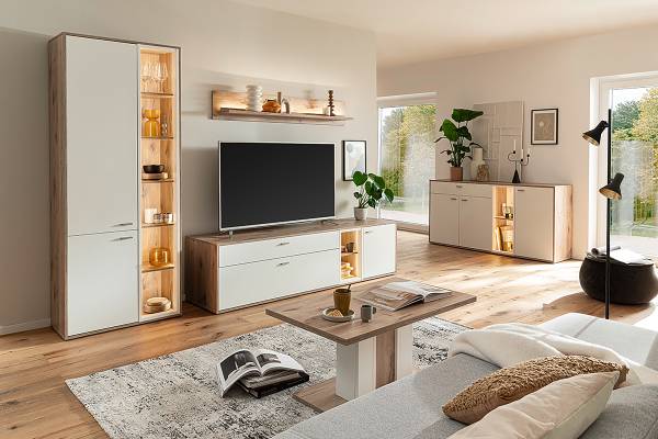 Wohnwand Ghorta 3-teilig - Vitrine Weiß / Eiche Viking Dekor