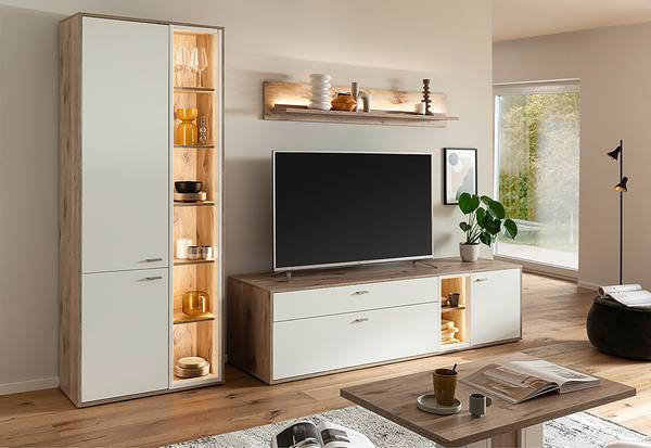 Wohnwand Ghorta 3-teilig - Vitrine Weiß / Eiche Viking Dekor