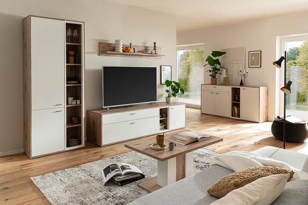 Wohnwand Ghorta 3-teilig - Vitrine Weiß / Eiche Viking Dekor