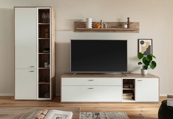 Wohnwand Ghorta 3-teilig - Vitrine Weiß / Eiche Viking Dekor