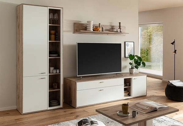 Wohnwand Ghorta 3-teilig - Vitrine Weiß / Eiche Viking Dekor