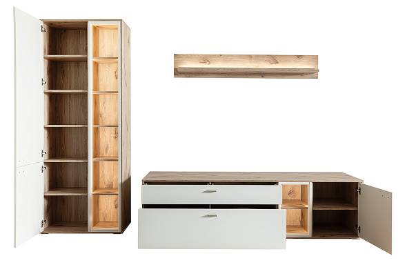 Wohnwand Ghorta 3-teilig - Vitrine Weiß / Eiche Viking Dekor