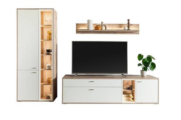 Wohnwand Ghorta 3-teilig - Vitrine Weiß / Eiche Viking Dekor