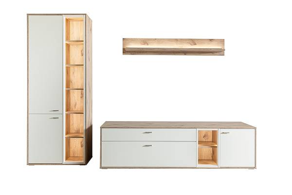 Wohnwand Ghorta 3-teilig - Vitrine Weiß / Eiche Viking Dekor