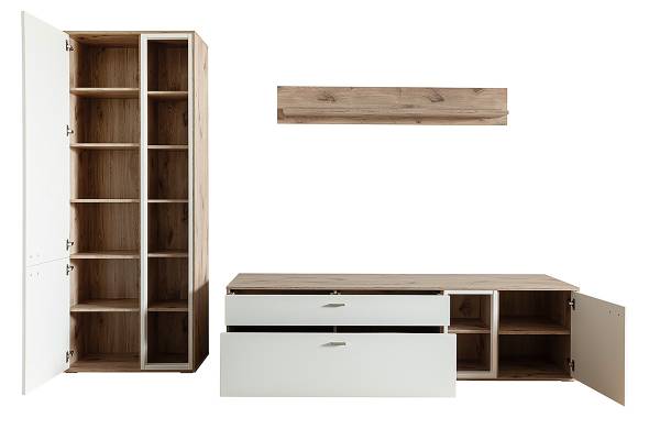 Wohnwand Ghorta 3-teilig - Vitrine Weiß / Eiche Viking Dekor