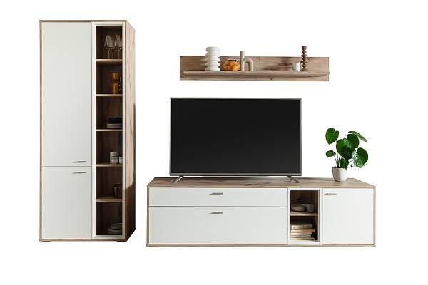 Wohnwand Ghorta 3-teilig - Vitrine Weiß / Eiche Viking Dekor