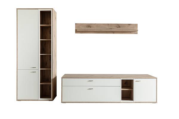 Wohnwand Ghorta 3-teilig - Vitrine Weiß / Eiche Viking Dekor