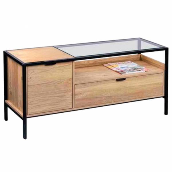 TV-Lowboard Mecopo Glas / Metall - Eiche Dekor / Schwarz
