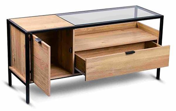 TV-Lowboard Mecopo Glas / Metall - Eiche Dekor / Schwarz