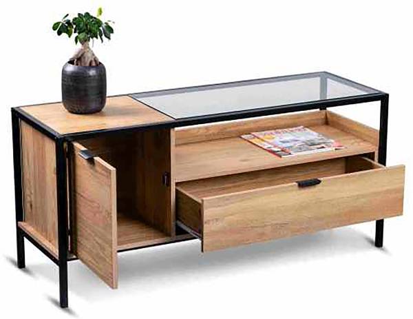 TV-Lowboard Mecopo Glas / Metall - Eiche Dekor / Schwarz