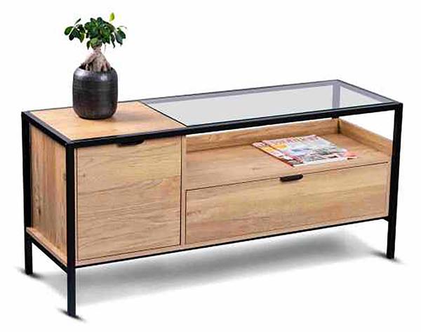 TV-Lowboard Mecopo Glas / Metall - Eiche Dekor / Schwarz