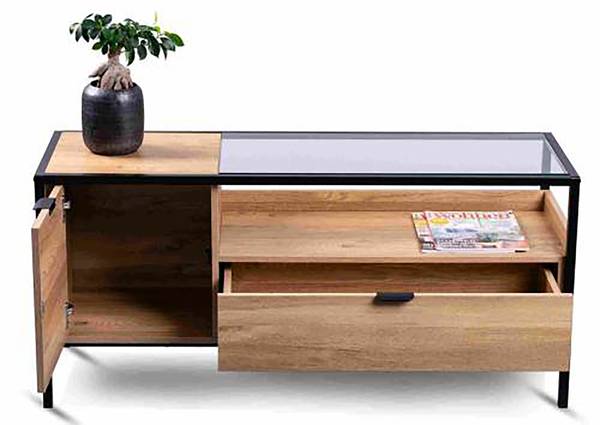 TV-Lowboard Mecopo Glas / Metall - Eiche Dekor / Schwarz