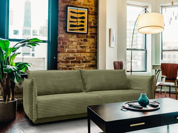Divano letto VADO con contenitore Velluto a coste Tila: verde muschio