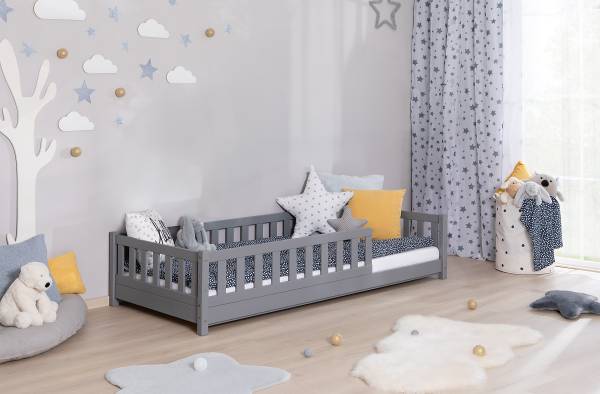Massives Hausbett Lou Kiefer Grau - 90 x 200cm - Mit Lattenrost