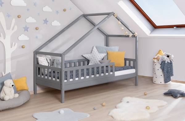 Massives Hausbett Lou Kiefer Grau - 90 x 200cm - Mit Lattenrost