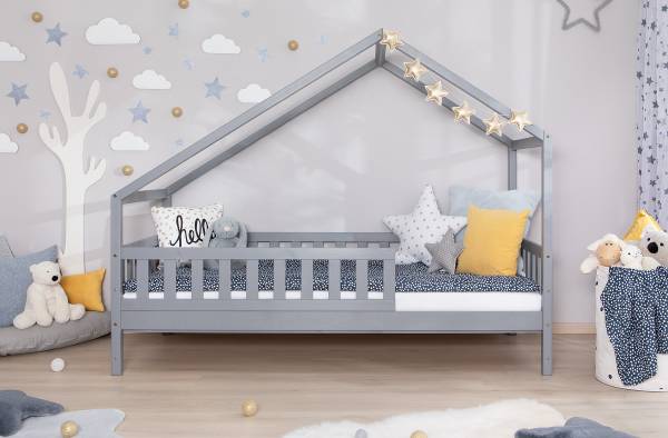 Massives Hausbett Lou Kiefer Grau - 90 x 200cm - Mit Lattenrost