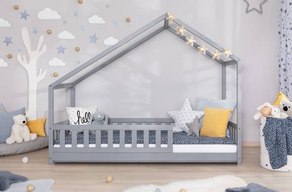 Massives Hausbett Lou Kiefer Grau - 90 x 200cm - Mit Lattenrost